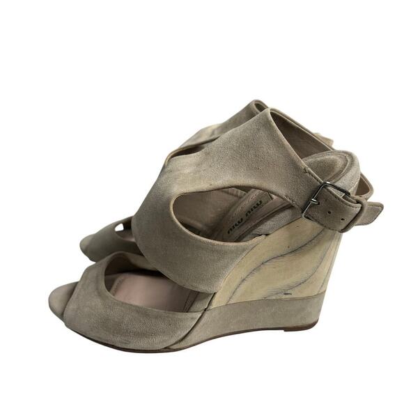 Miu Miu Suede Wood Wedge Sandal Beige Size 8 - Picture 2 of 5